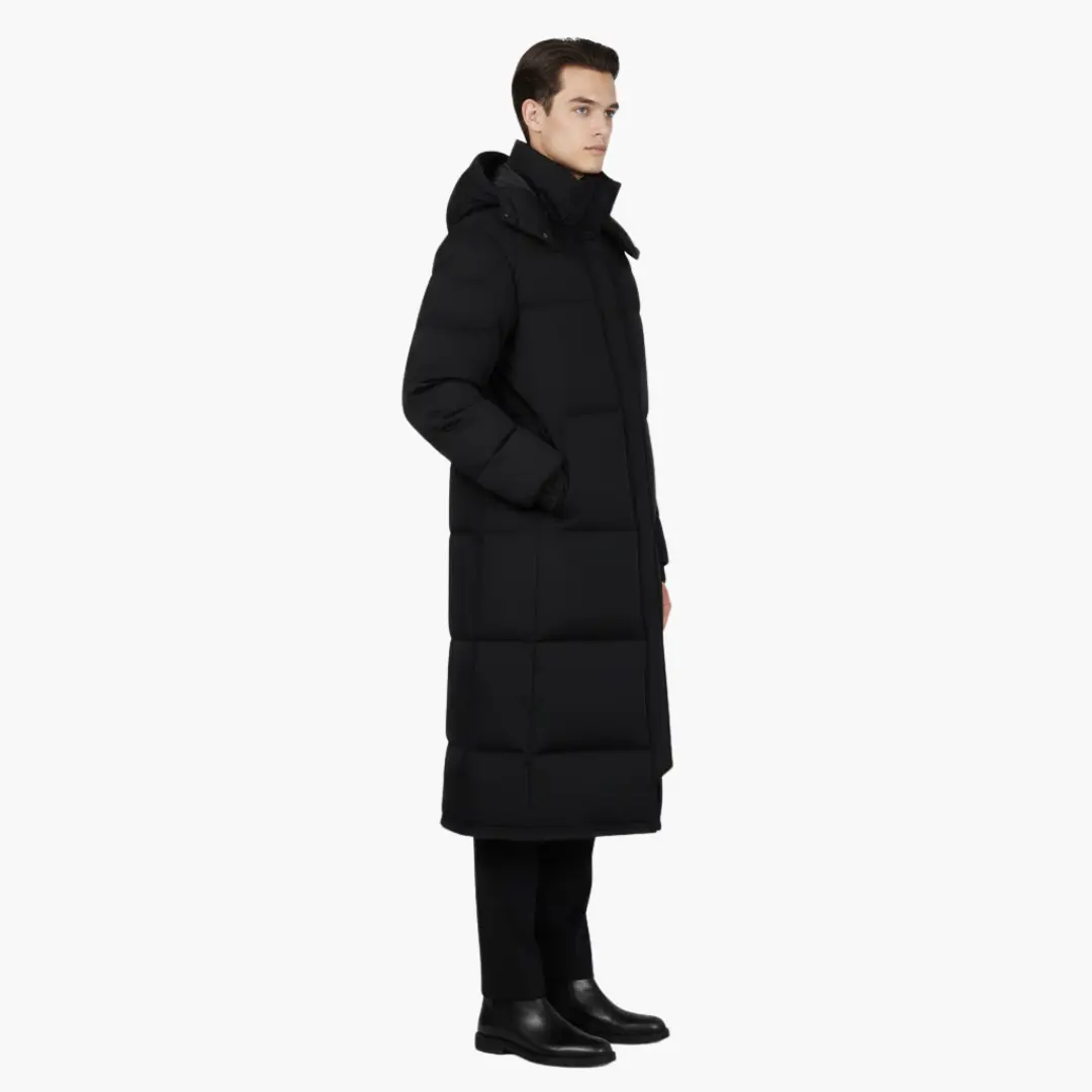 Men's long black puffer parka with hood and zip closure