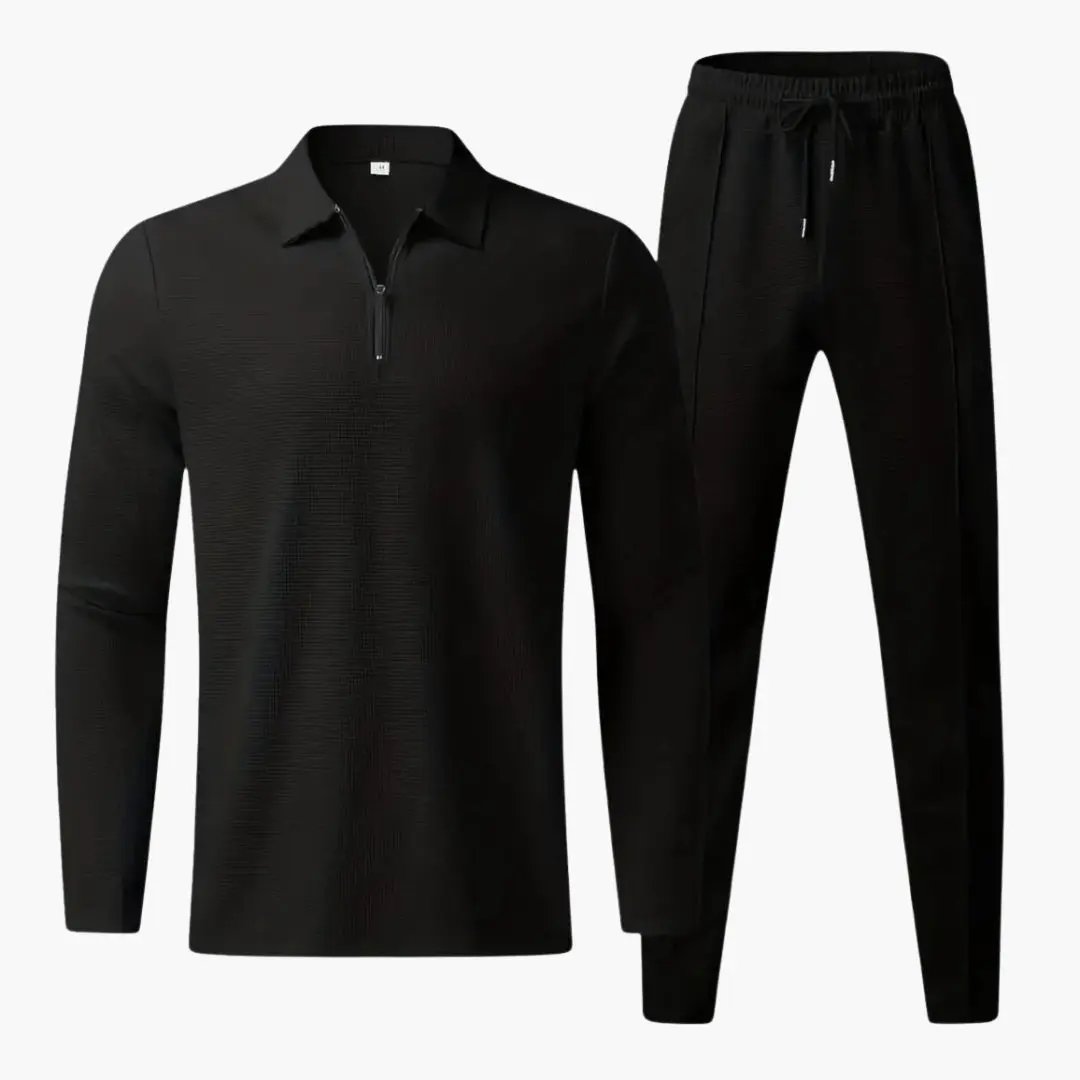 Men's track jacket and pants set by Wilfred Smith; black 2-piece with quarter zip top and tapered pants
