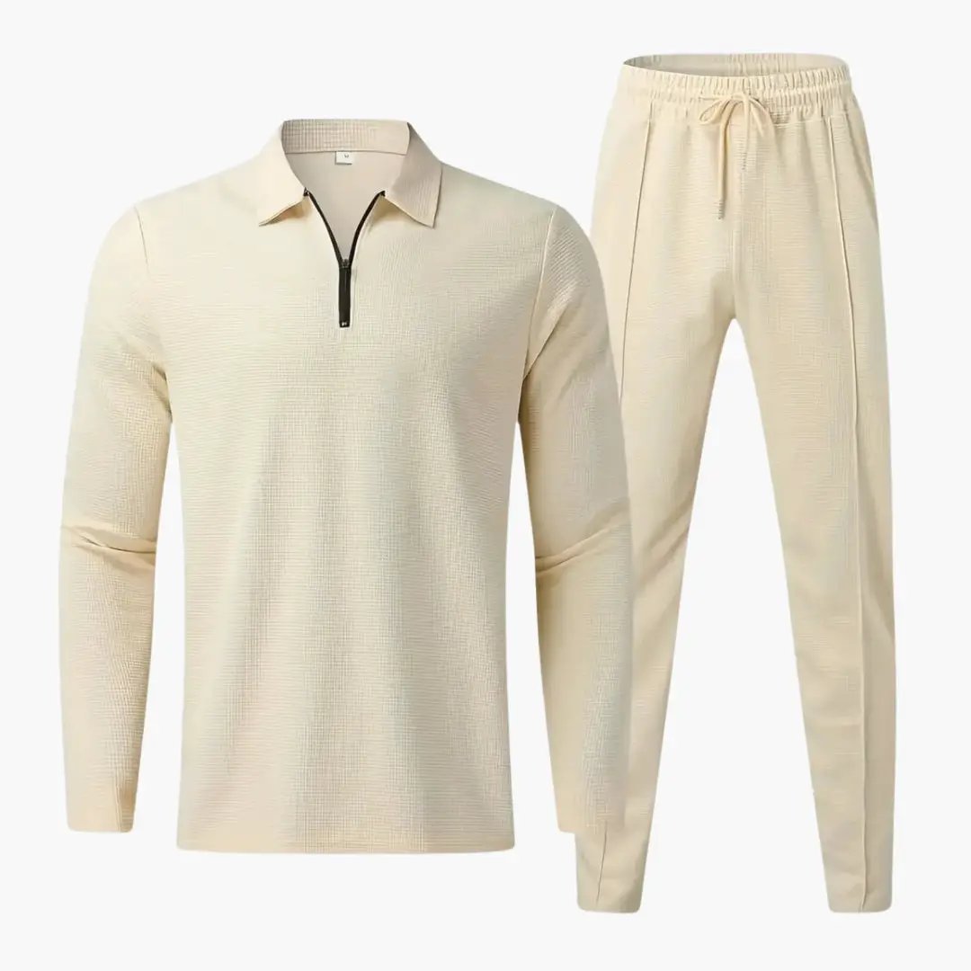 Men's tracksuit set by Wilfred Smith, cream quarter-zip top with tapered pants (2-piece).