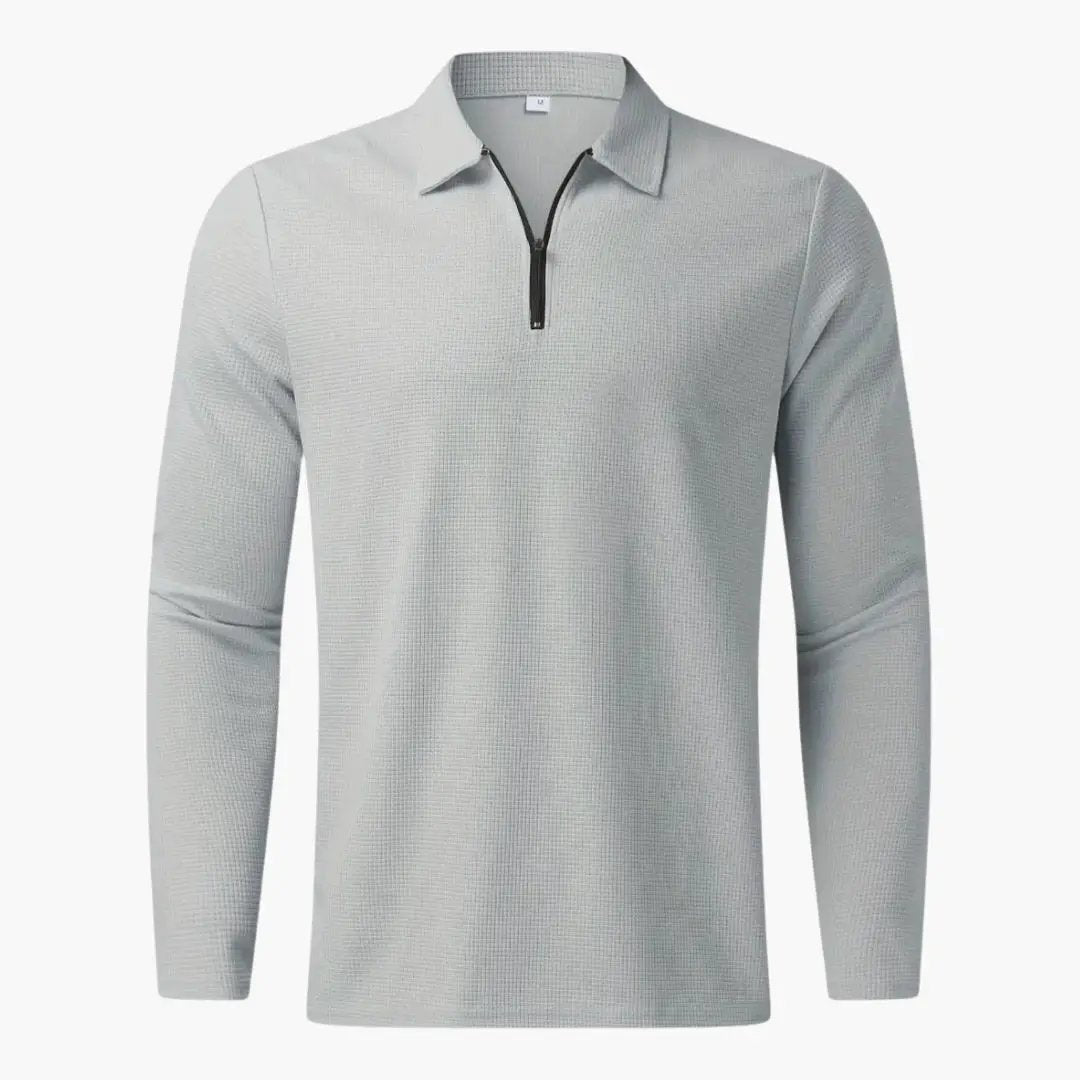 Men's quarter-zip track jacket in light gray knit fabric by Wilfred Smith