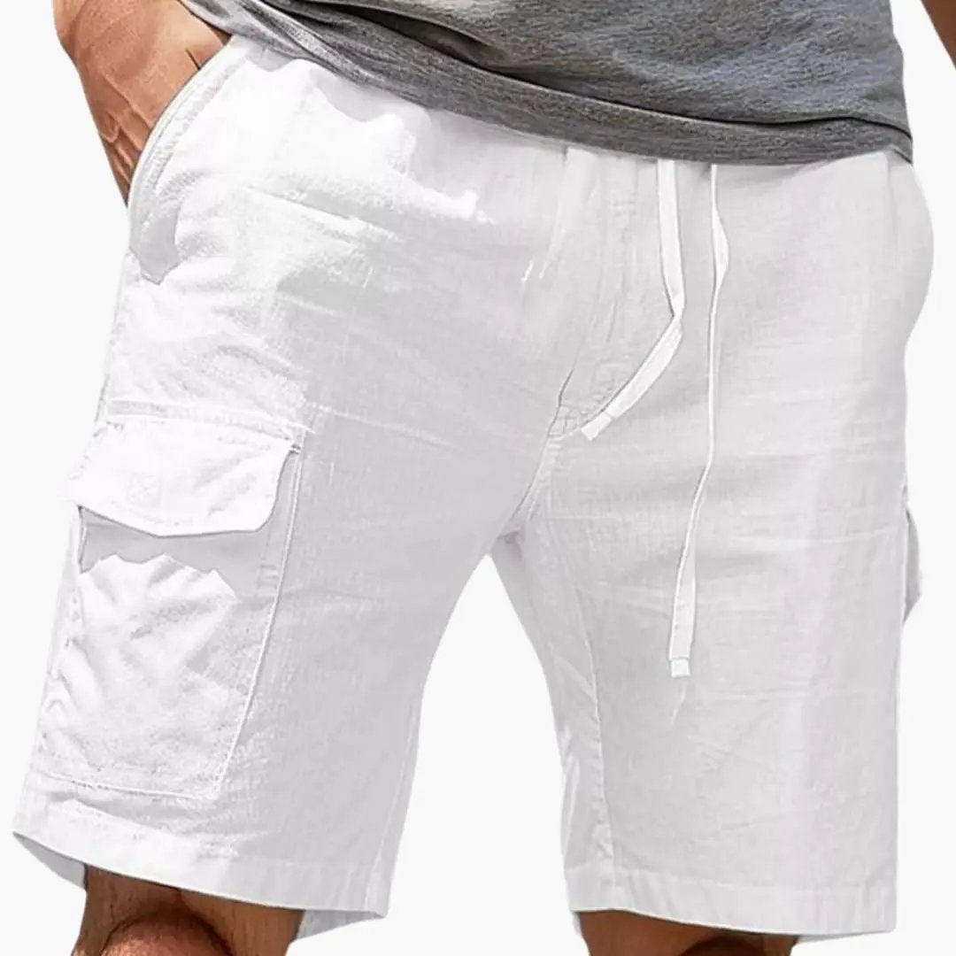 Men's white above-knee cargo shorts with elastic waistband and cargo pockets