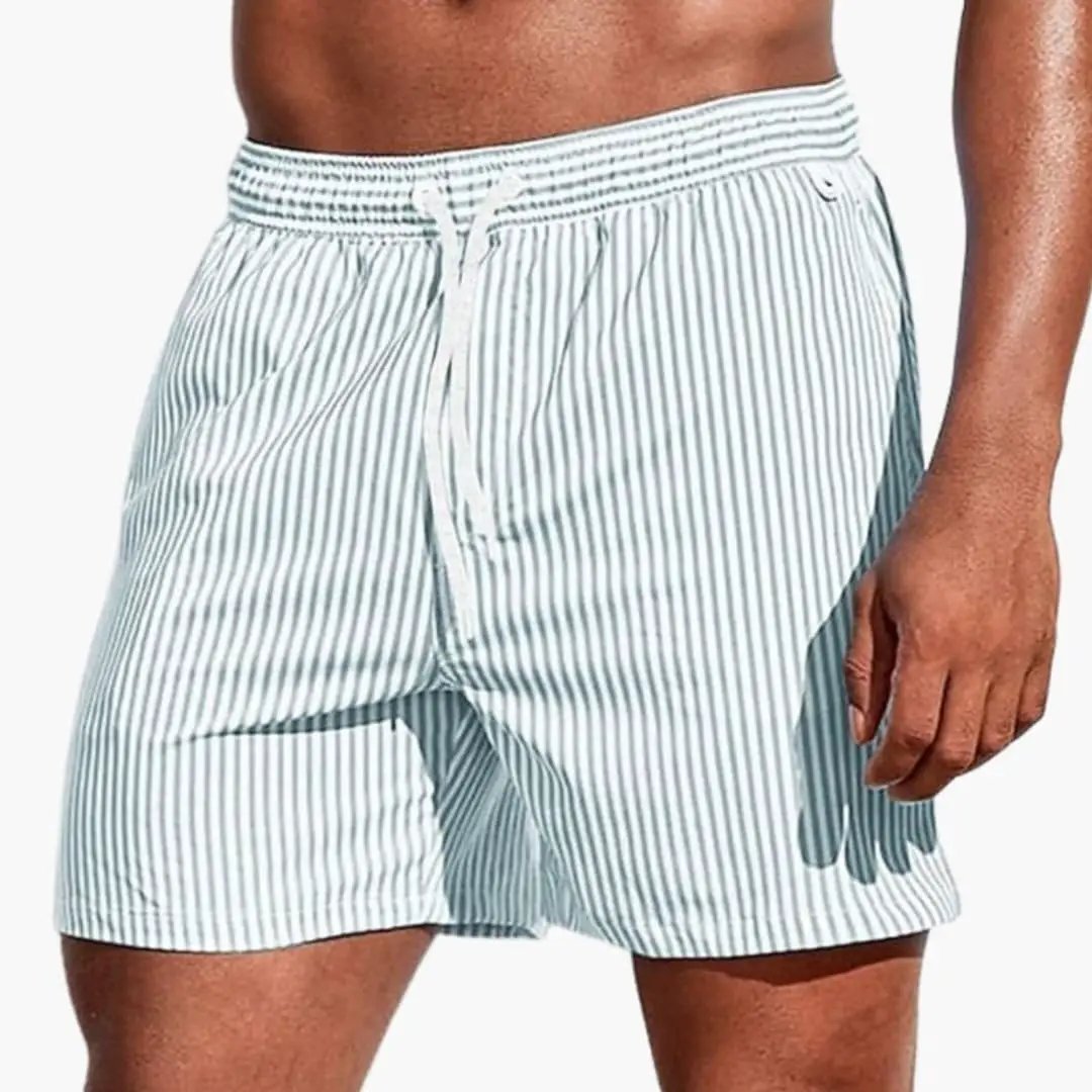 Men’s board shorts with elastic waistband and light blue and white vertical stripes, drawstring.