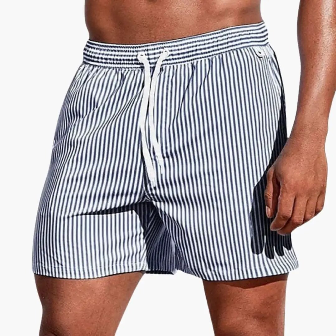 Men’s Board Shorts with elastic waistband and blue-white vertical stripes by Wilfred Smith