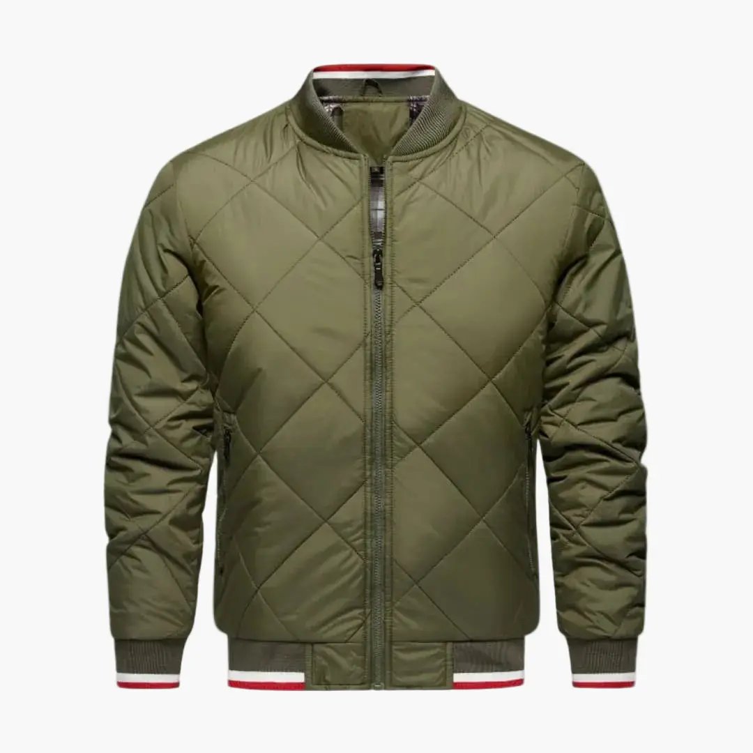 Men's bomber jacket by Wilfred Smith in olive green with diamond quilting, zip front, ribbed cuffs and hem