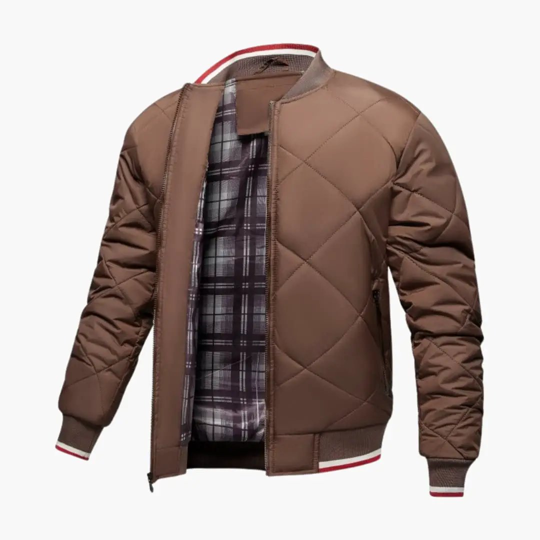 Men's bomber jacket, brown diamond-quilted exterior with zipper and plaid lining.
