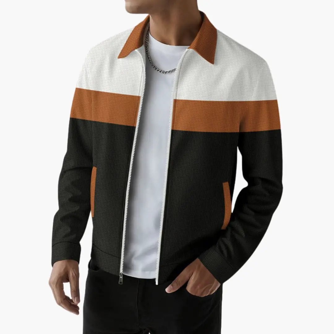 Men’s bomber jacket with textured weave, front zip, in white, brown, and black blocks