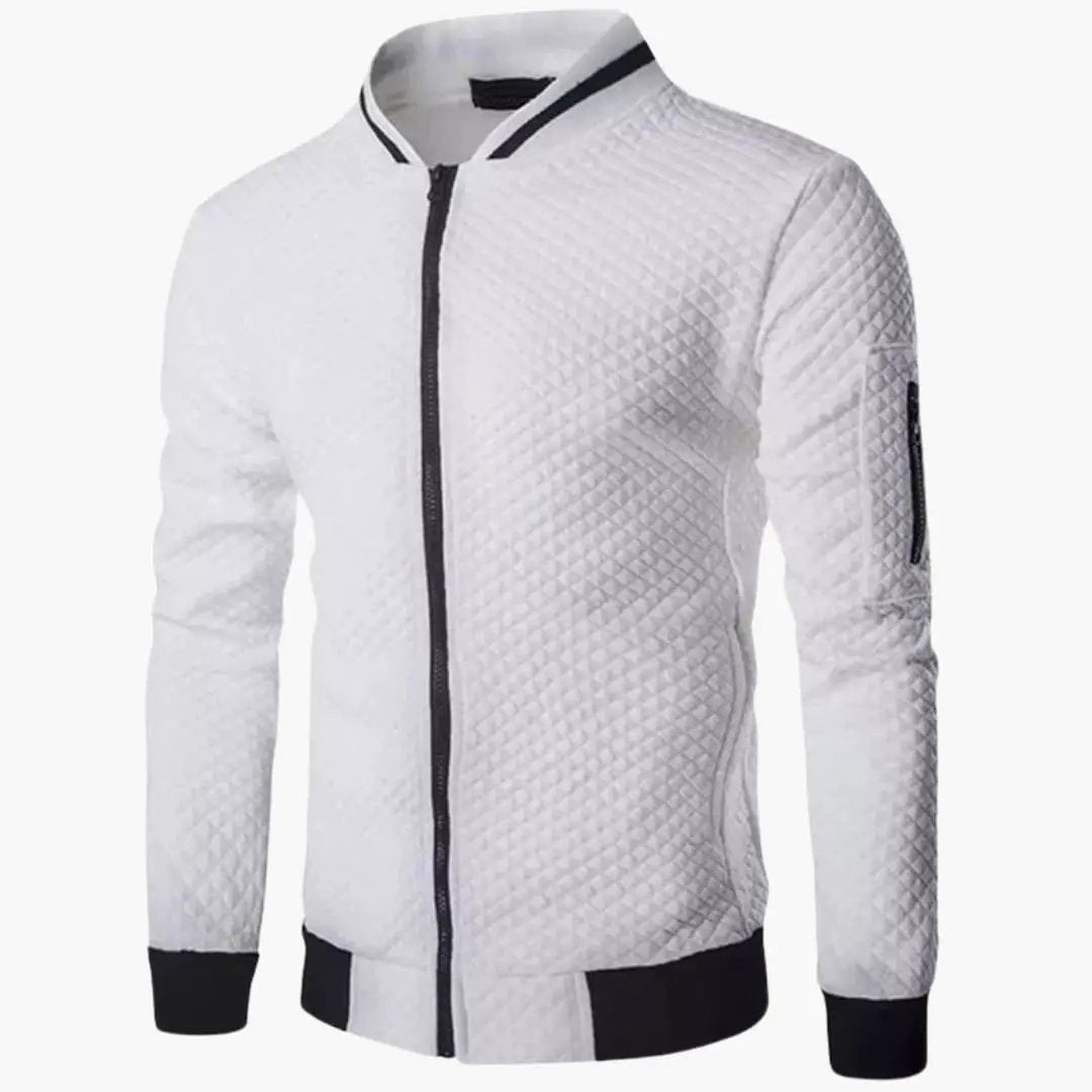 Men’s bomber jacket, white quilted with zip-front closure and ribbed black cuffs and hem