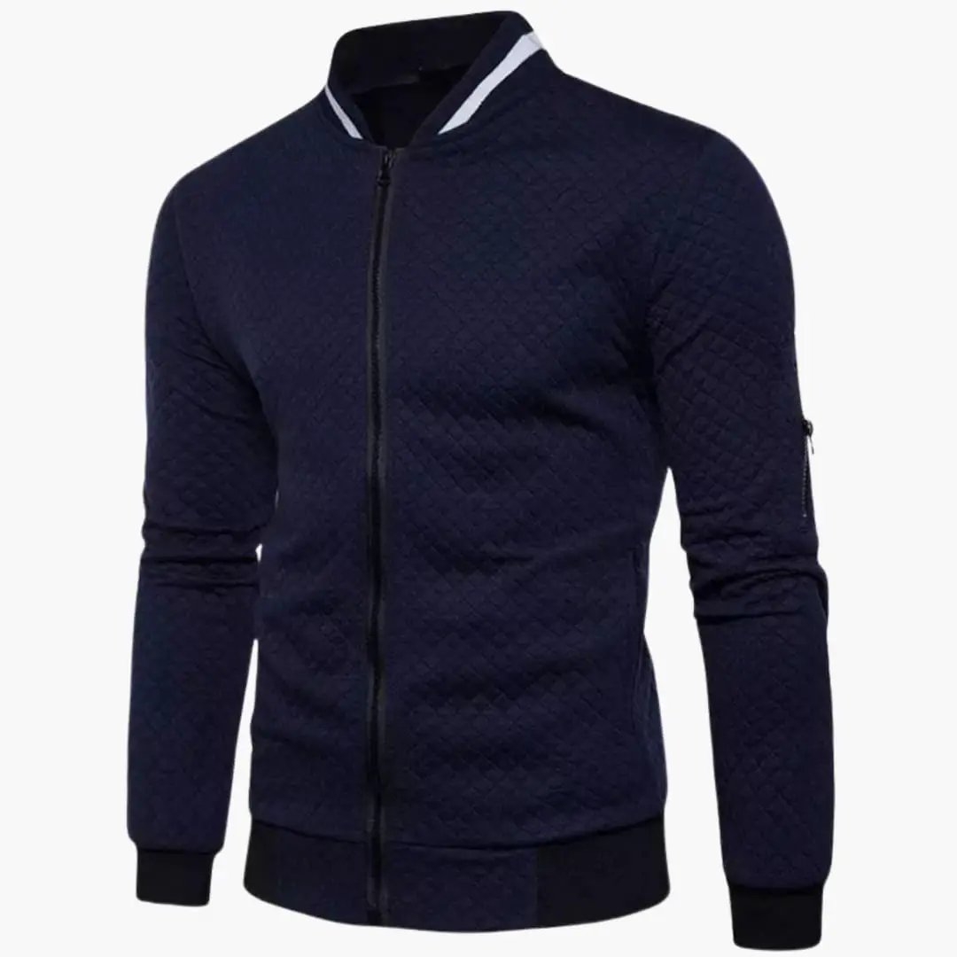 Men’s bomber jacket by Wilfred Smith in navy quilted fabric with zip front and ribbed cuffs