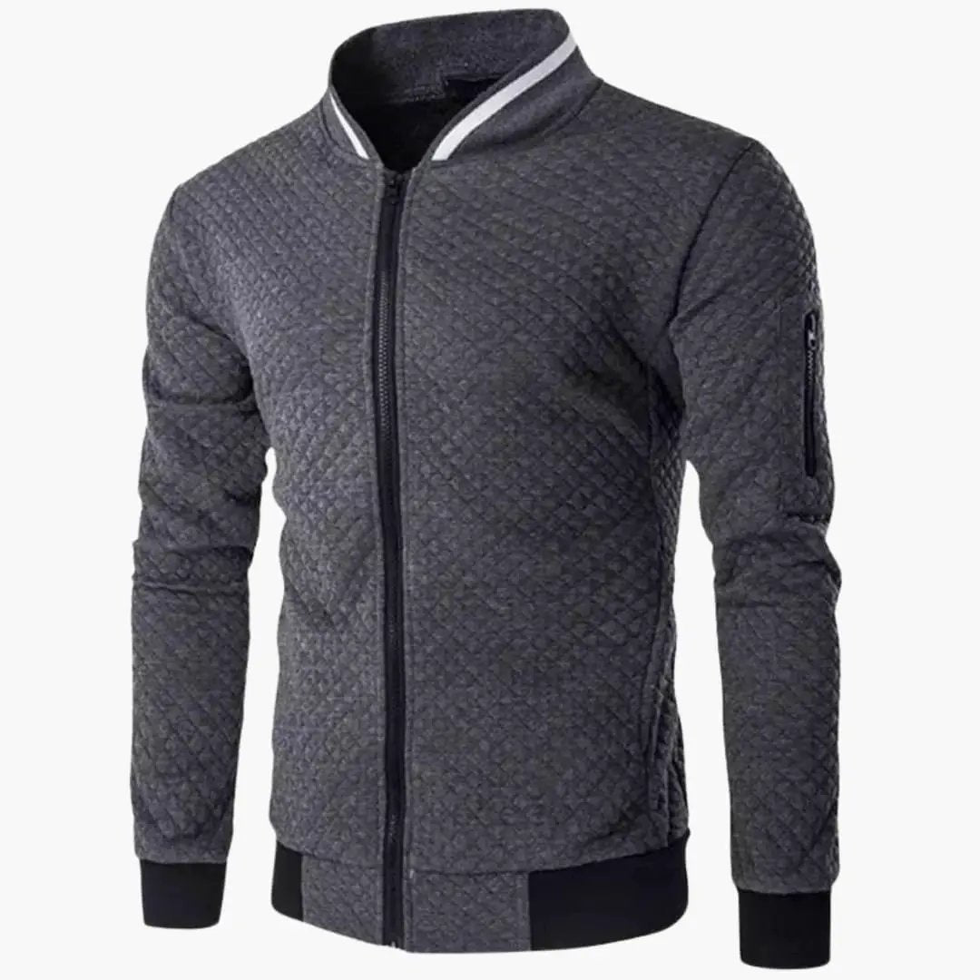 Men’s bomber jacket by Wilfred Smith with zip closure, ribbed cuffs and hem, gray quilted texture