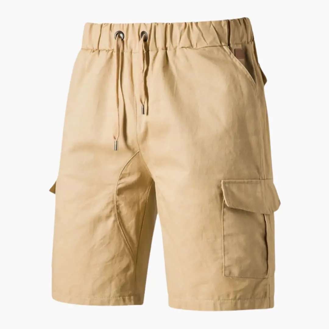 Men's cargo shorts by Wilfred Smith, beige above-knee length with drawstring waist and flap pockets