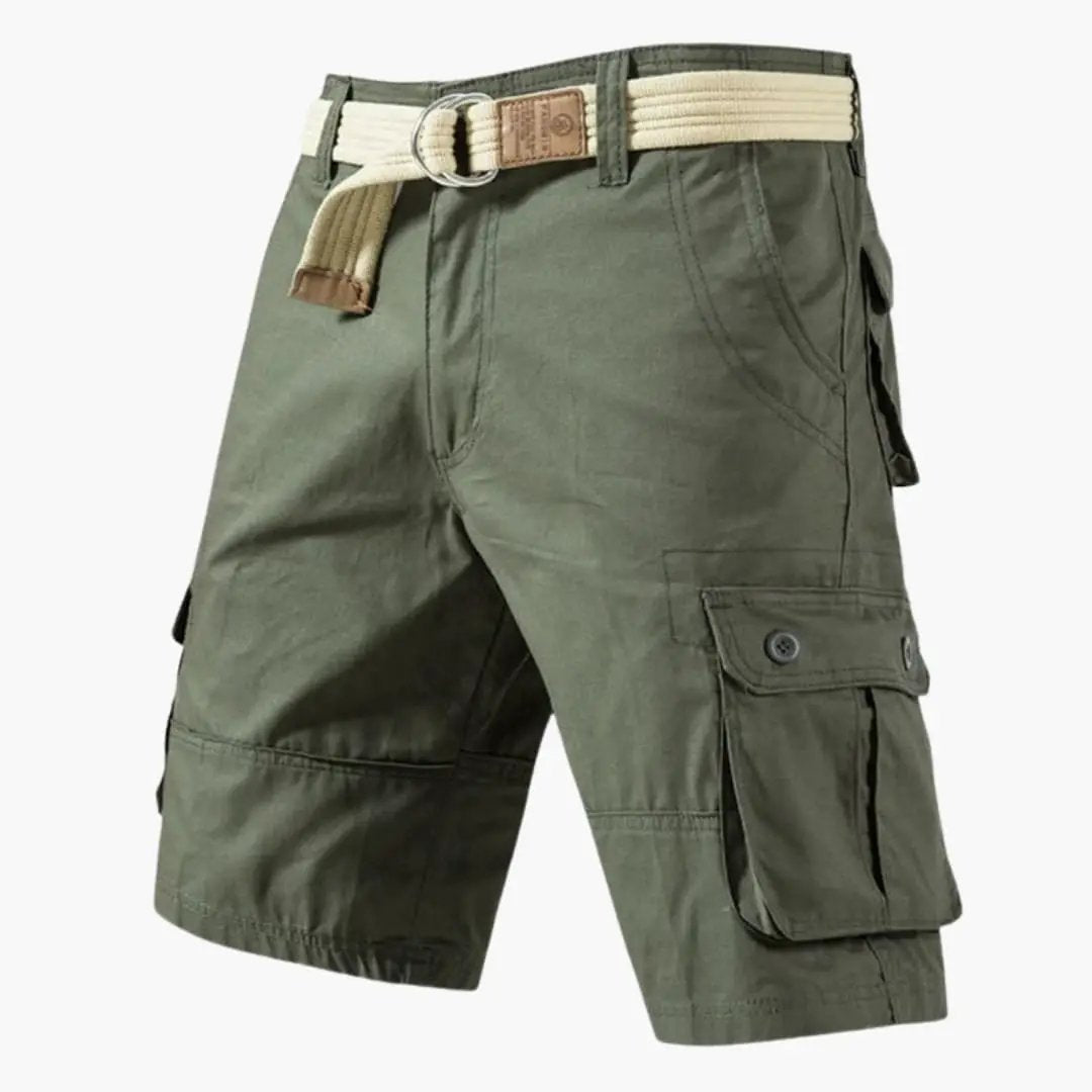 Men's knee-length cargo shorts in olive green with elastic waist and multiple pockets