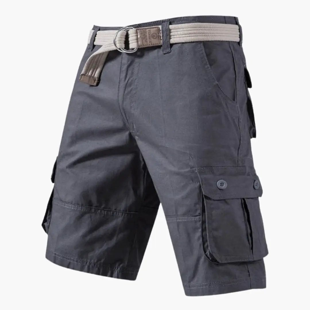 Men's cargo shorts with elastic waistband in charcoal gray, knee-length with multiple cargo pockets