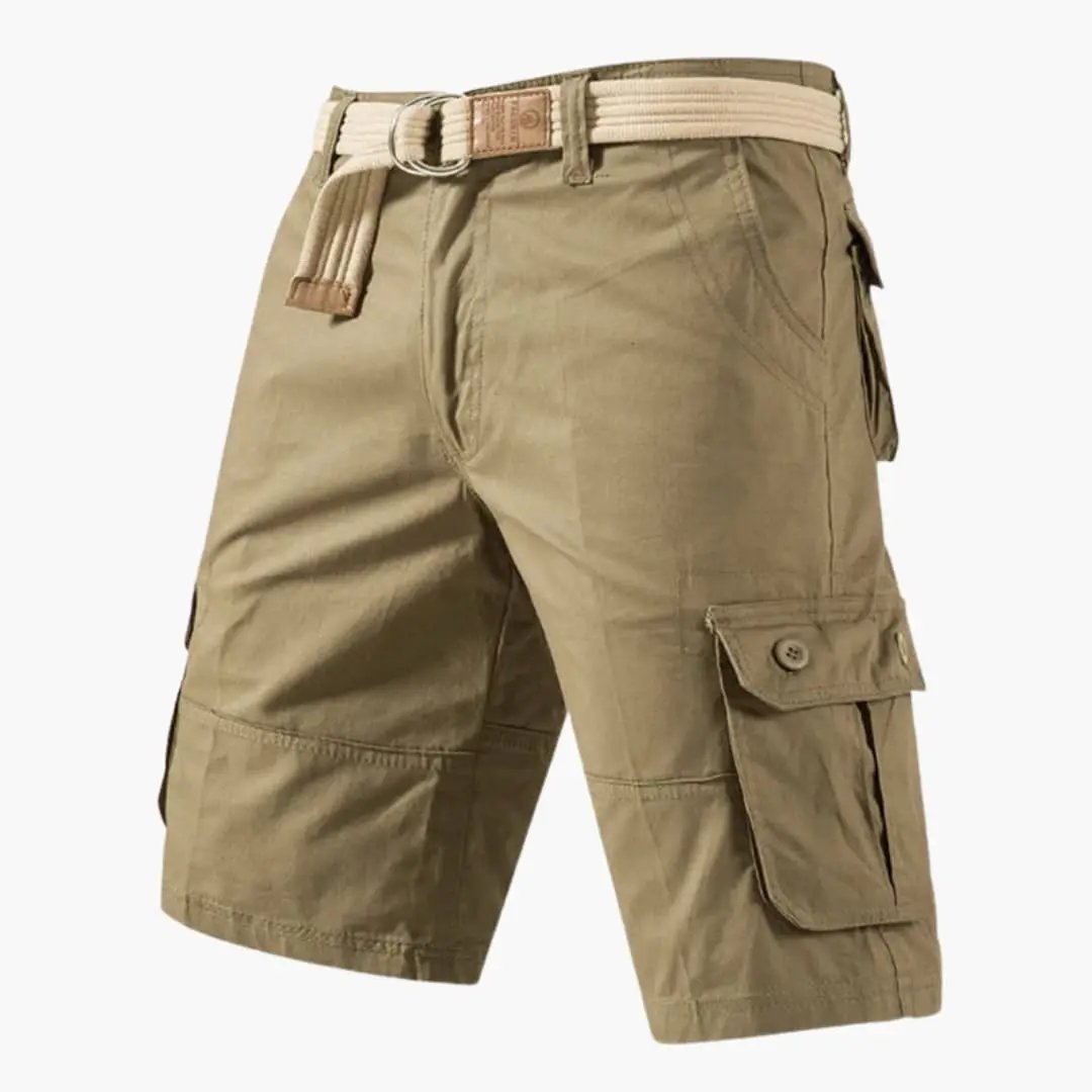 Men's knee-length tan cargo shorts with multiple pockets and belt.