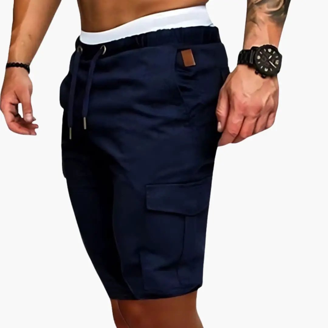 Men's cargo shorts navy knee-length with elastic waistband, drawstring and patch pockets
