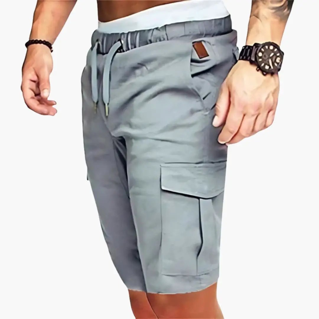 Men's cargo shorts with elastic waist and patch pockets in gray, knee-length