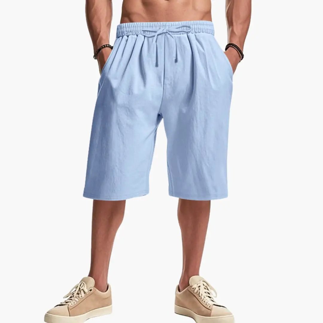 Men’s cargo shorts with elastic waist in light blue, featuring pockets.
