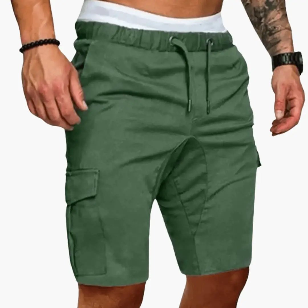Men's cargo shorts olive green knee-length with multiple pockets, drawstring waist, loose fit