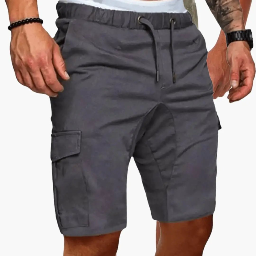 Men's cargo shorts knee-length, dark gray with multiple pockets