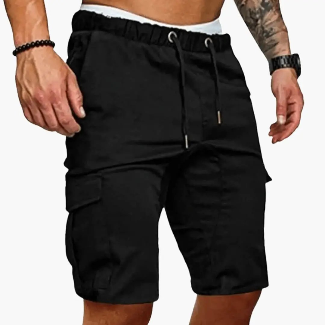 Men's cargo shorts in black with multiple pockets, knee-length, loose fit