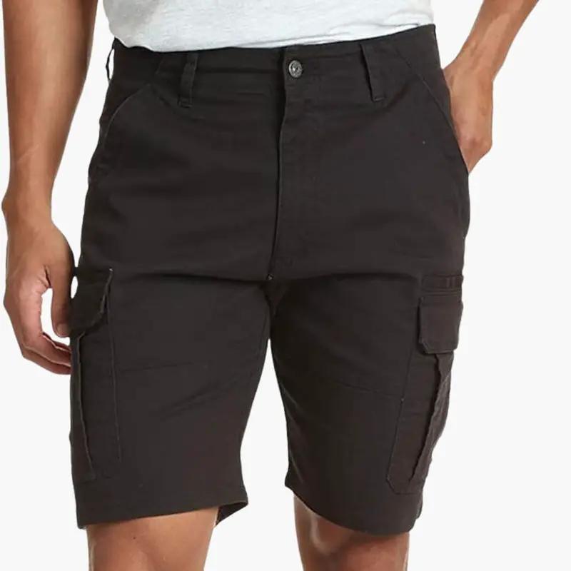 Men's cargo shorts by Wilfred Smith in black, knee-length with zippered flap pockets