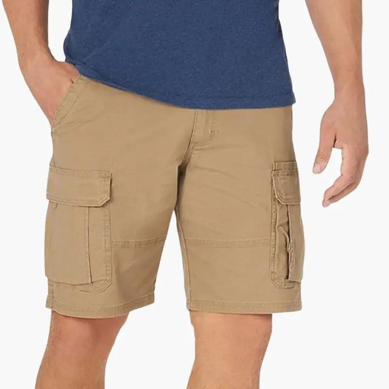 Men's cargo shorts by Wilfred Smith, tan knee-length with zipper and flap pockets