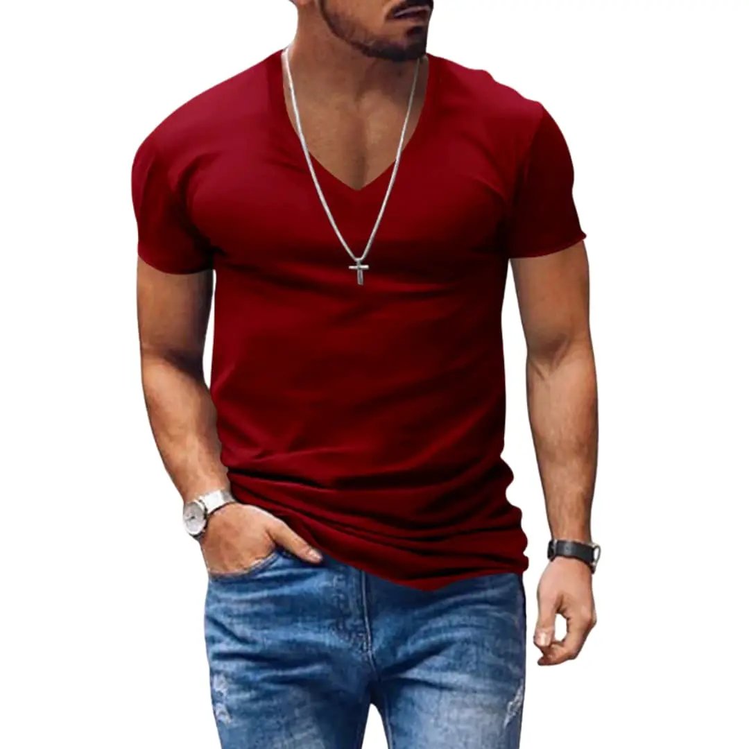 Men’s Classic V-Neck Short Sleeve T-Shirt in maroon on a man wearing jeans