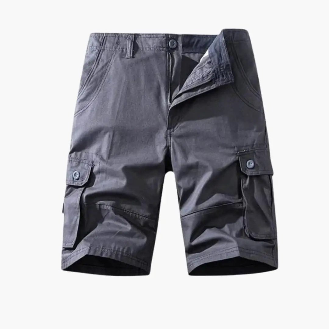 Men's cotton cargo shorts by Wilfred Smith with belt loops and flap pockets, knee-length gray