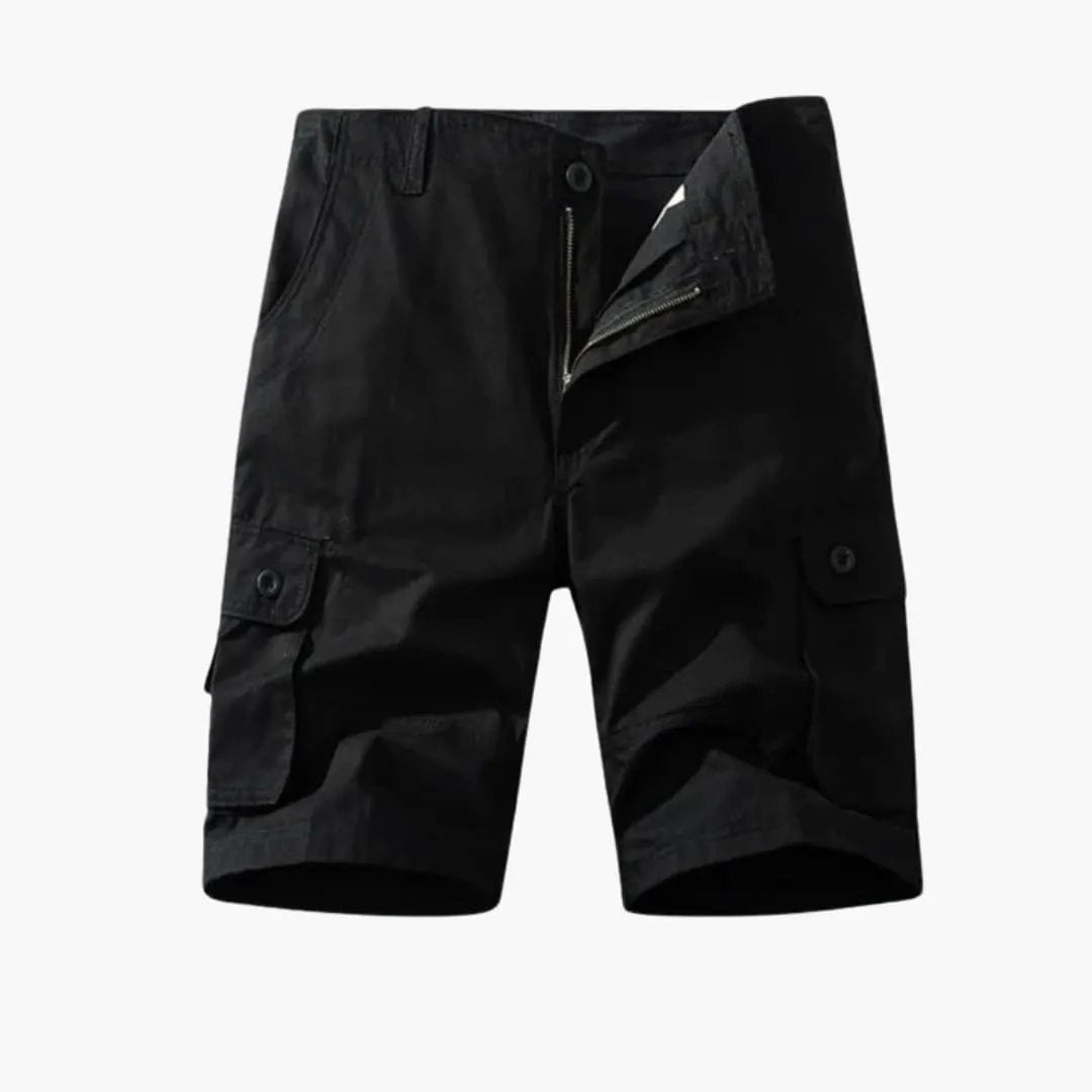 Men's black cotton cargo shorts with belt loops and flap pockets, knee-length.