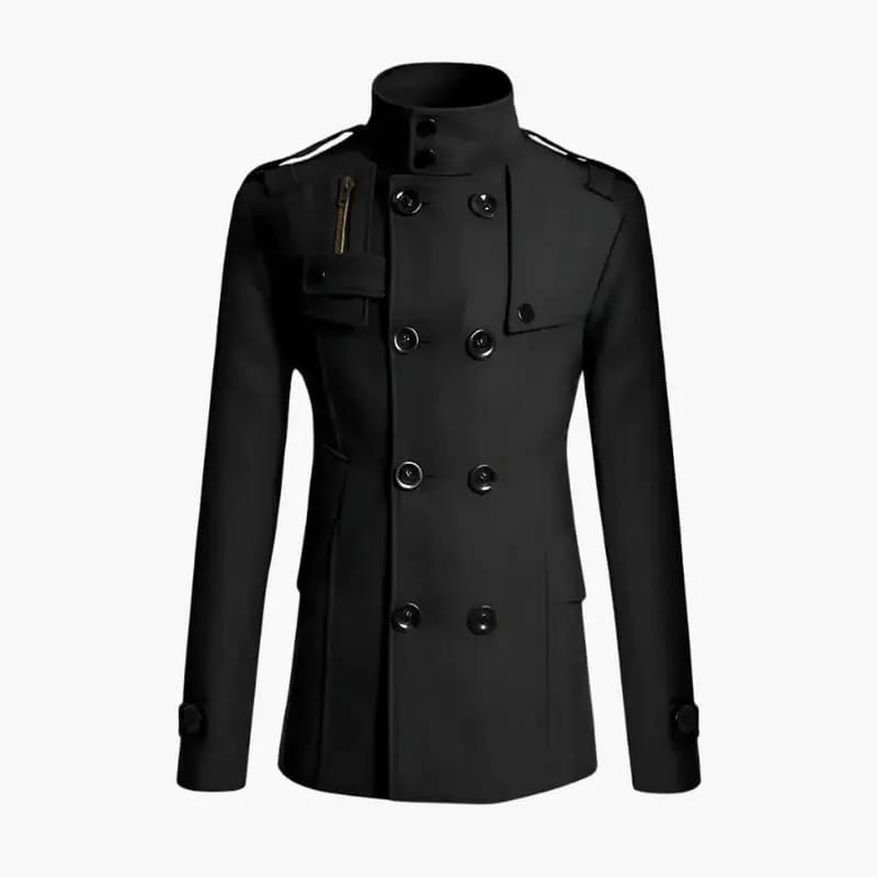 Men’s double-breasted coat in black with high collar and shoulder epaulets by Wilfred Smith