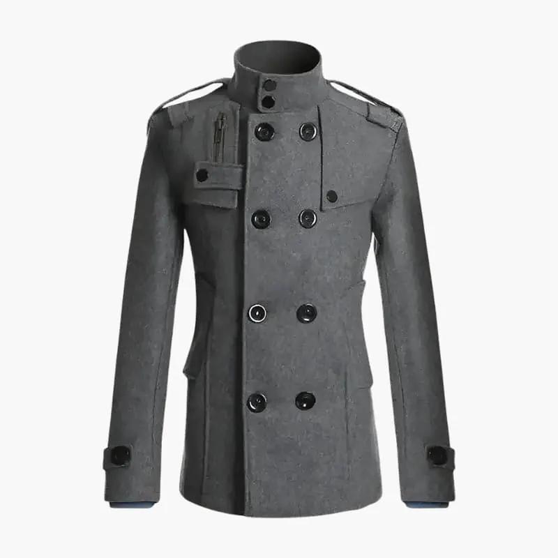 Men’s gray double-breasted overcoat with high collar and shoulder epaulets