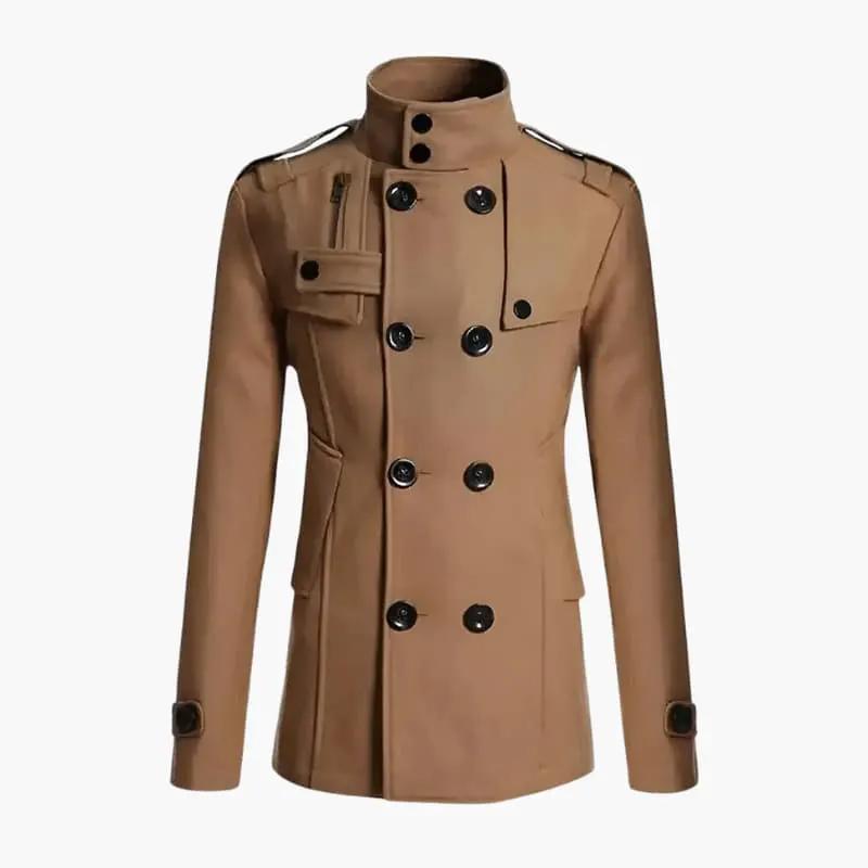 Men’s tan double-breasted overcoat with high collar and shoulder epaulets