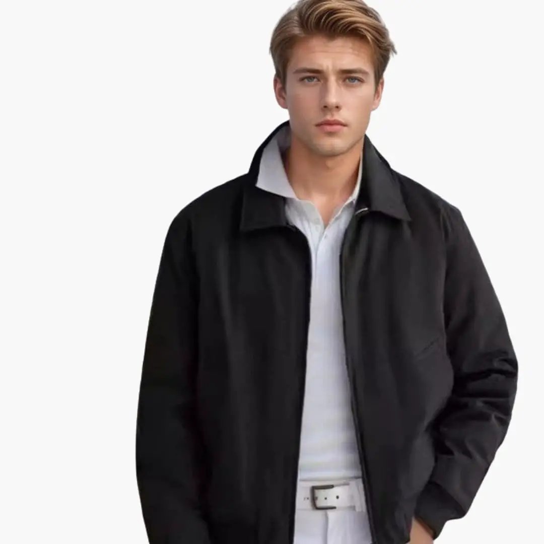 Men's bomber jacket with front zip, black, classic collar, Wilfred Smith