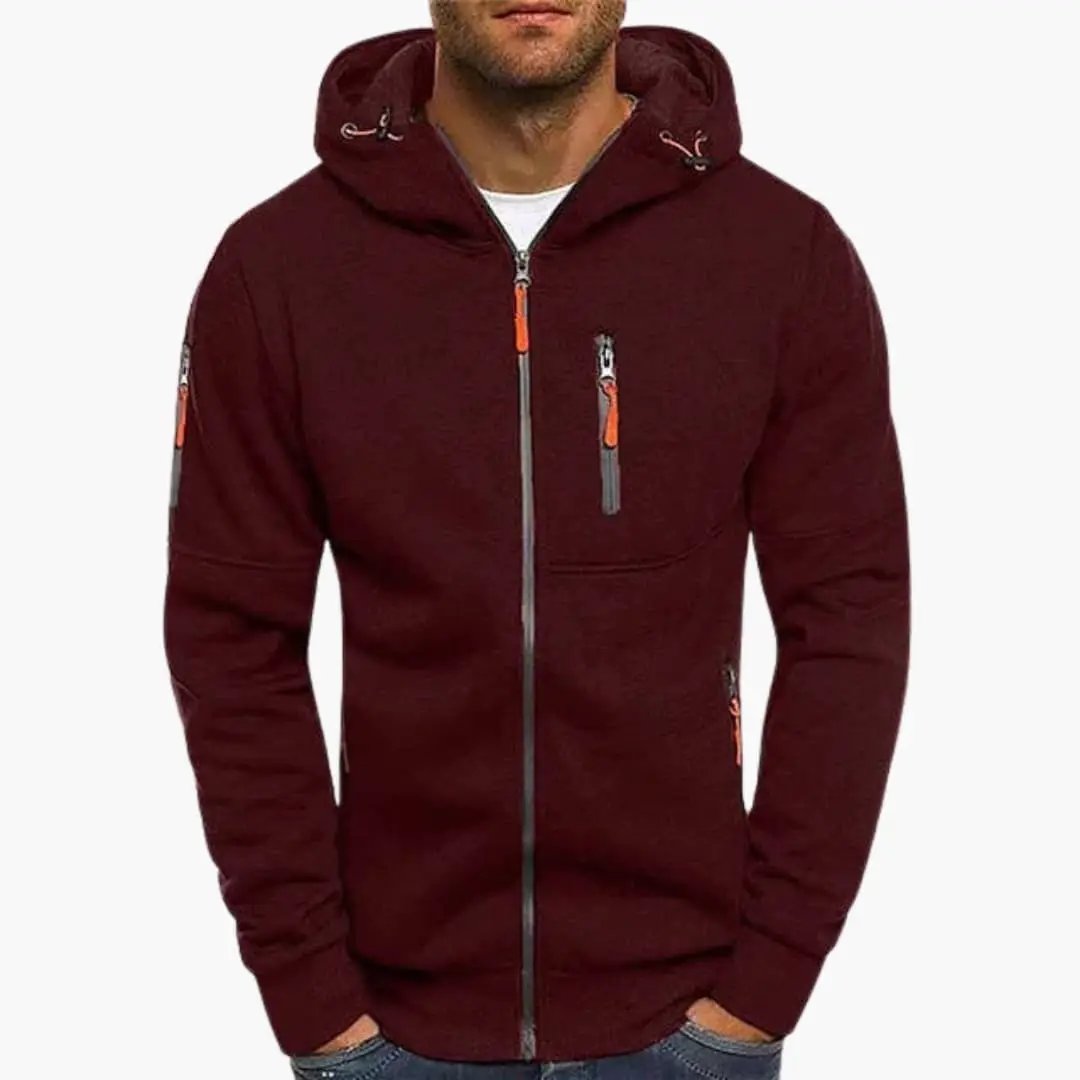 Men’s full-zip hoodie by Wilfred Smith in maroon with adjustable drawstring hood