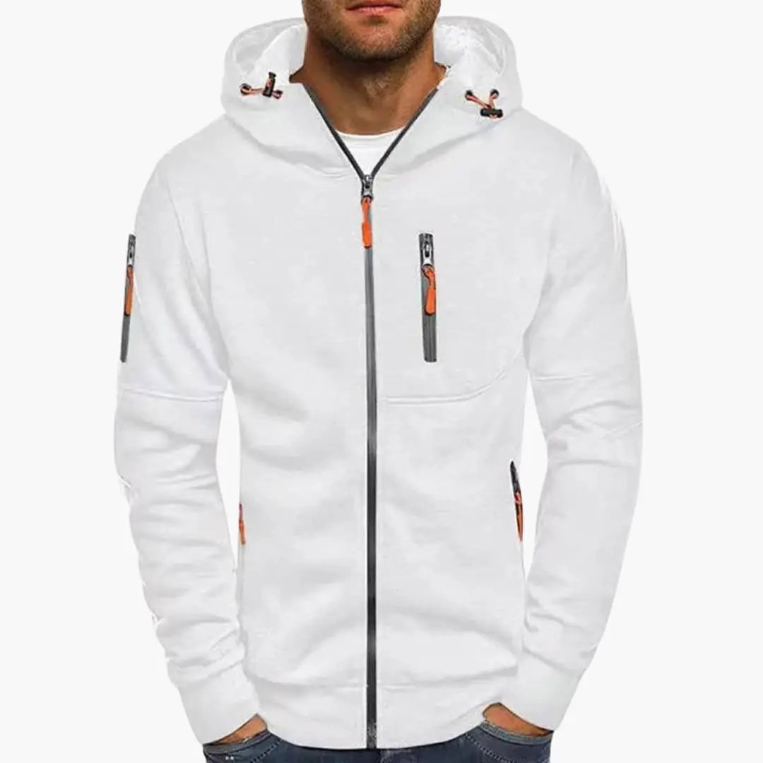 Wilfred Smith Men's Full-Zip Hoodie with Adjustable Drawstring Hood, white with orange zipper pulls.