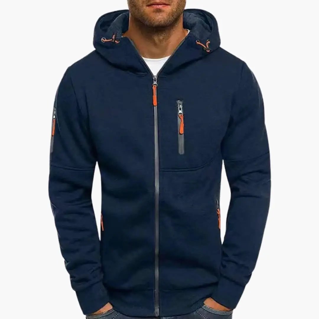Men's full-zip hoodie with adjustable drawstring hood, navy blue with orange zipper pulls