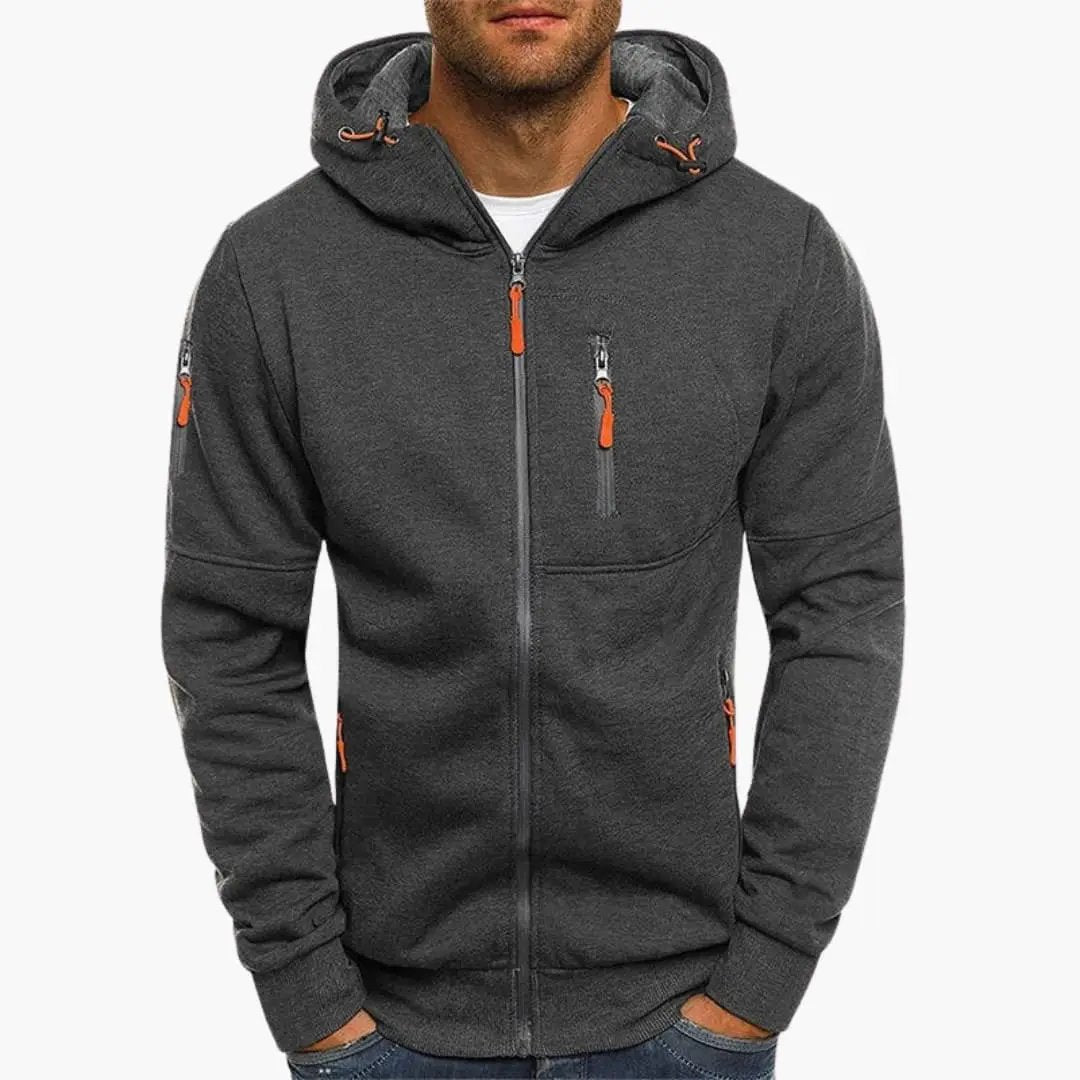 Men’s full-zip hoodie, charcoal gray with orange zipper pulls and adjustable hood.