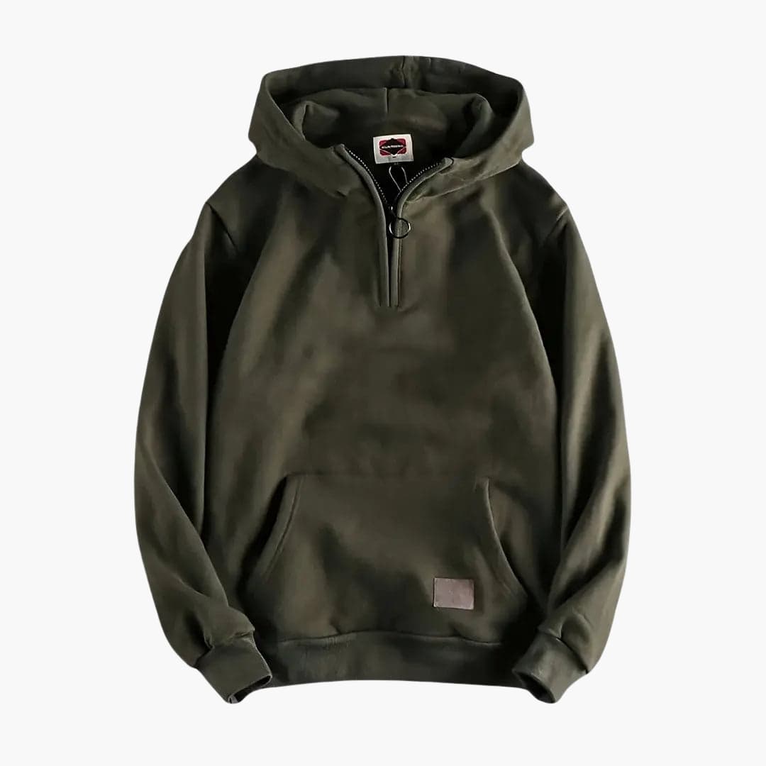 Men's hoodie with half-zip and front pocket in olive green by Wilfred Smith