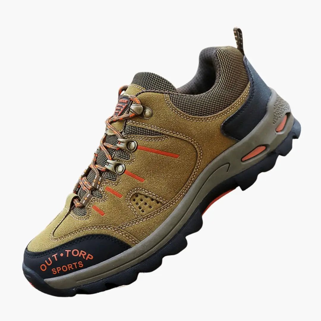 Men’s hiking shoes with textured outsole in tan-brown suede and mesh by Wilfred Smith