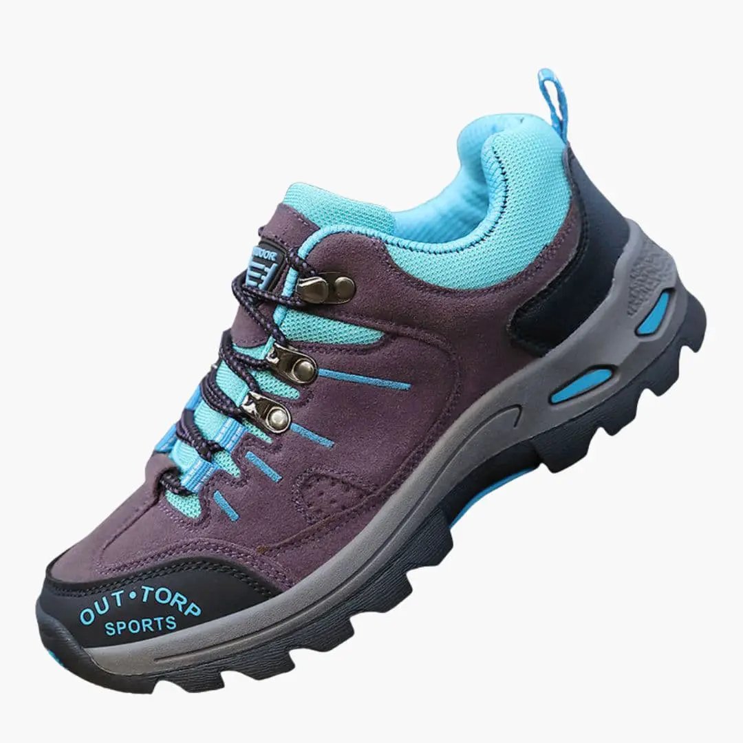 Men's hiking shoes with textured outsole in purple and teal, lace-up athletic footwear.