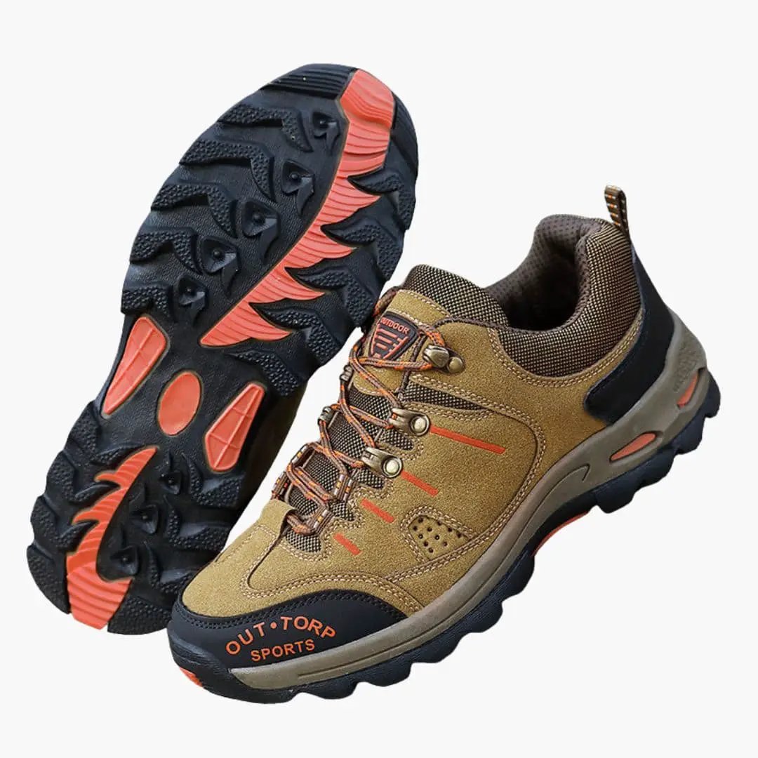 Men's hiking shoes from Wilfred Smith with textured outsole, tan-brown suede upper