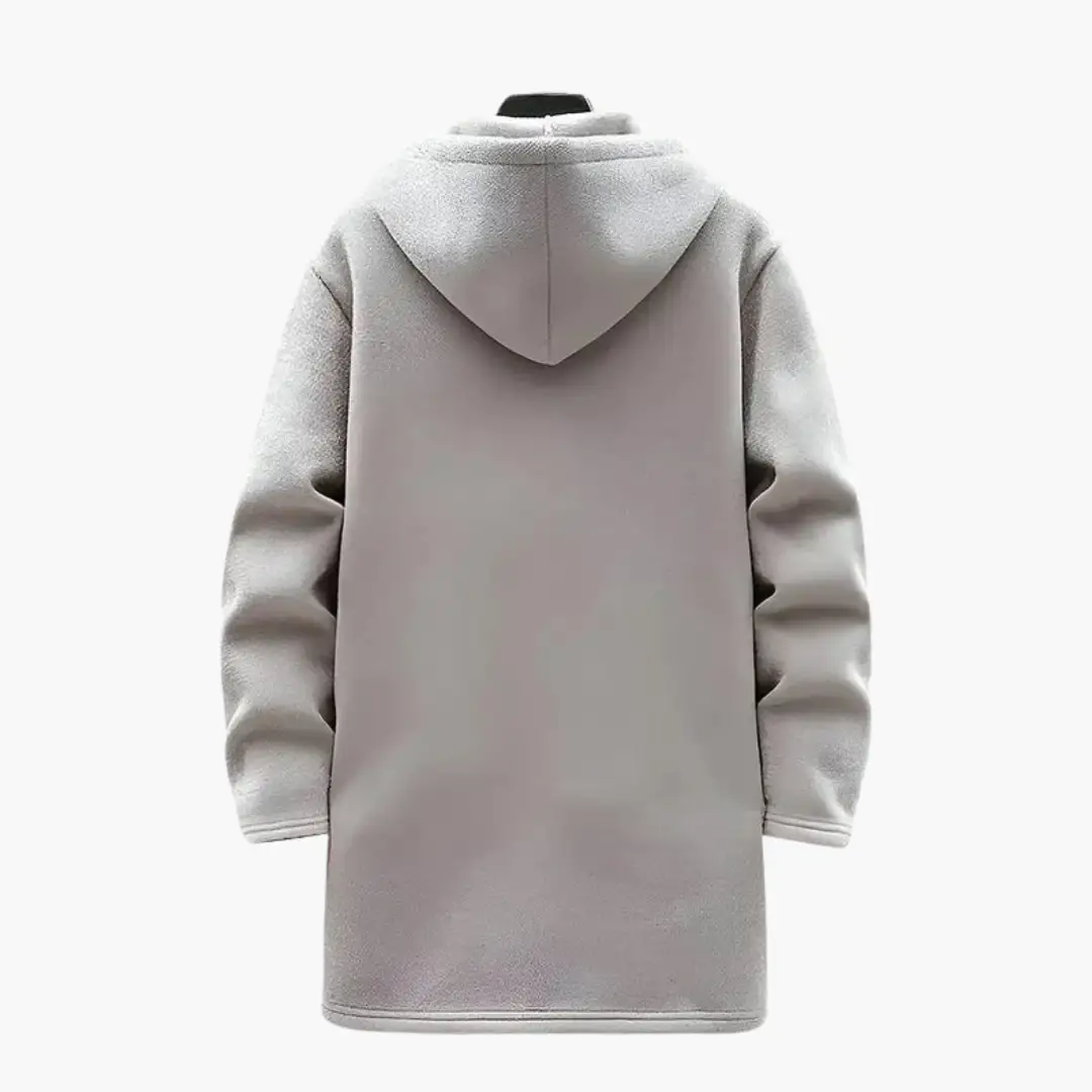 Men's hooded jacket with plush lining in light gray, back view showing an oversized hood and fleece sleeves