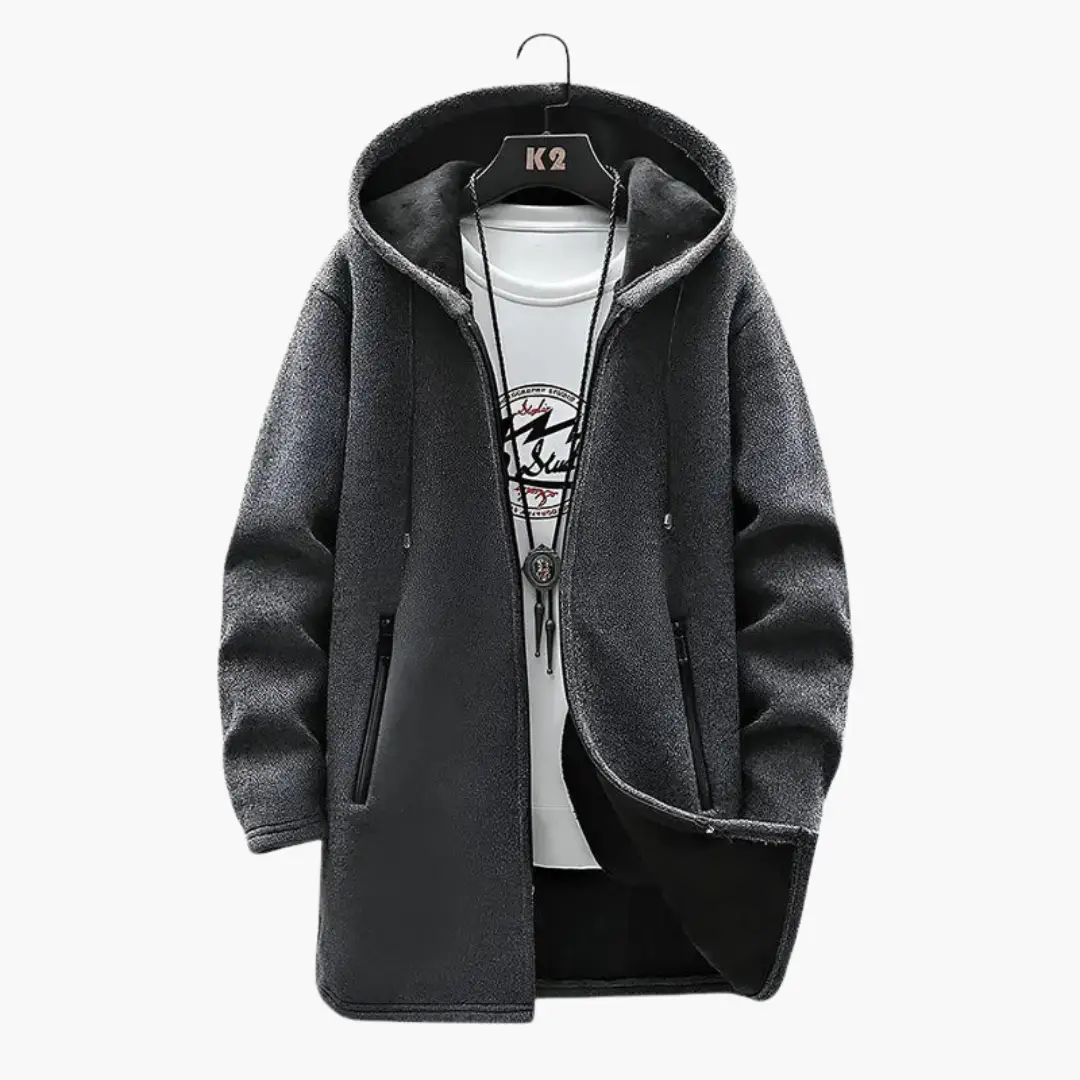 Men's hooded jacket with plush lining, dark gray fleece, front zip pockets by Wilfred Smith