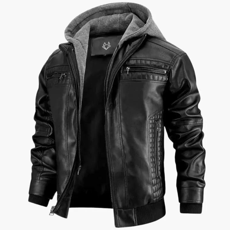 Men’s hooded jacket by Wilfred Smith, black leather-look with zip closure and ribbed cuffs.