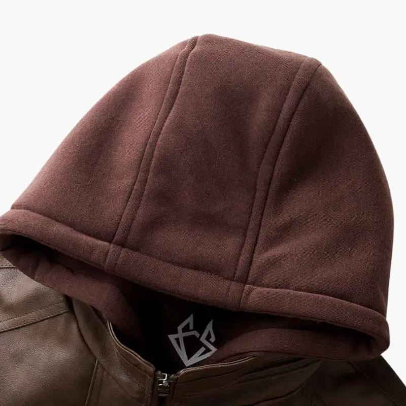 Men’s brown hooded jacket with zip closure and ribbed cuffs, Wilfred Smith logo visible.