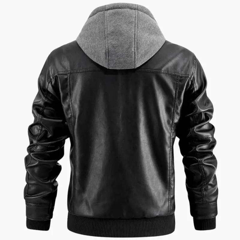 Men’s hooded jacket, black leather-look with gray hood and ribbed cuffs.