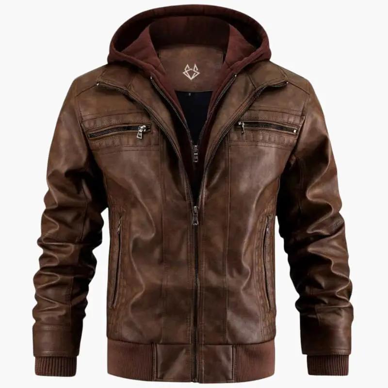 Men’s hooded leather jacket with zip closure and ribbed cuffs, brown by Wilfred Smith