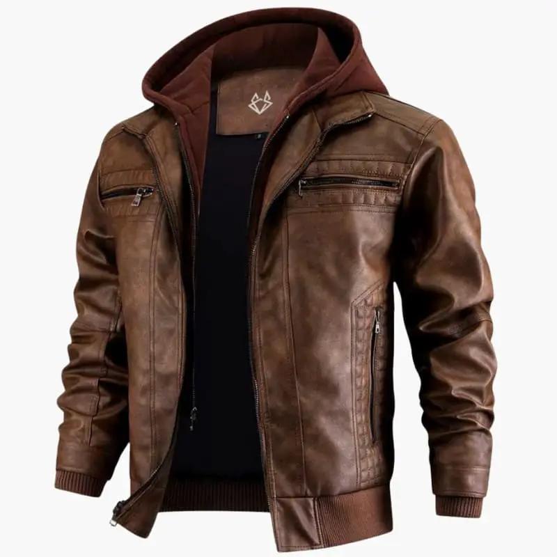 Men’s brown leather hooded jacket with zip closure and ribbed cuffs, Wilfred Smith