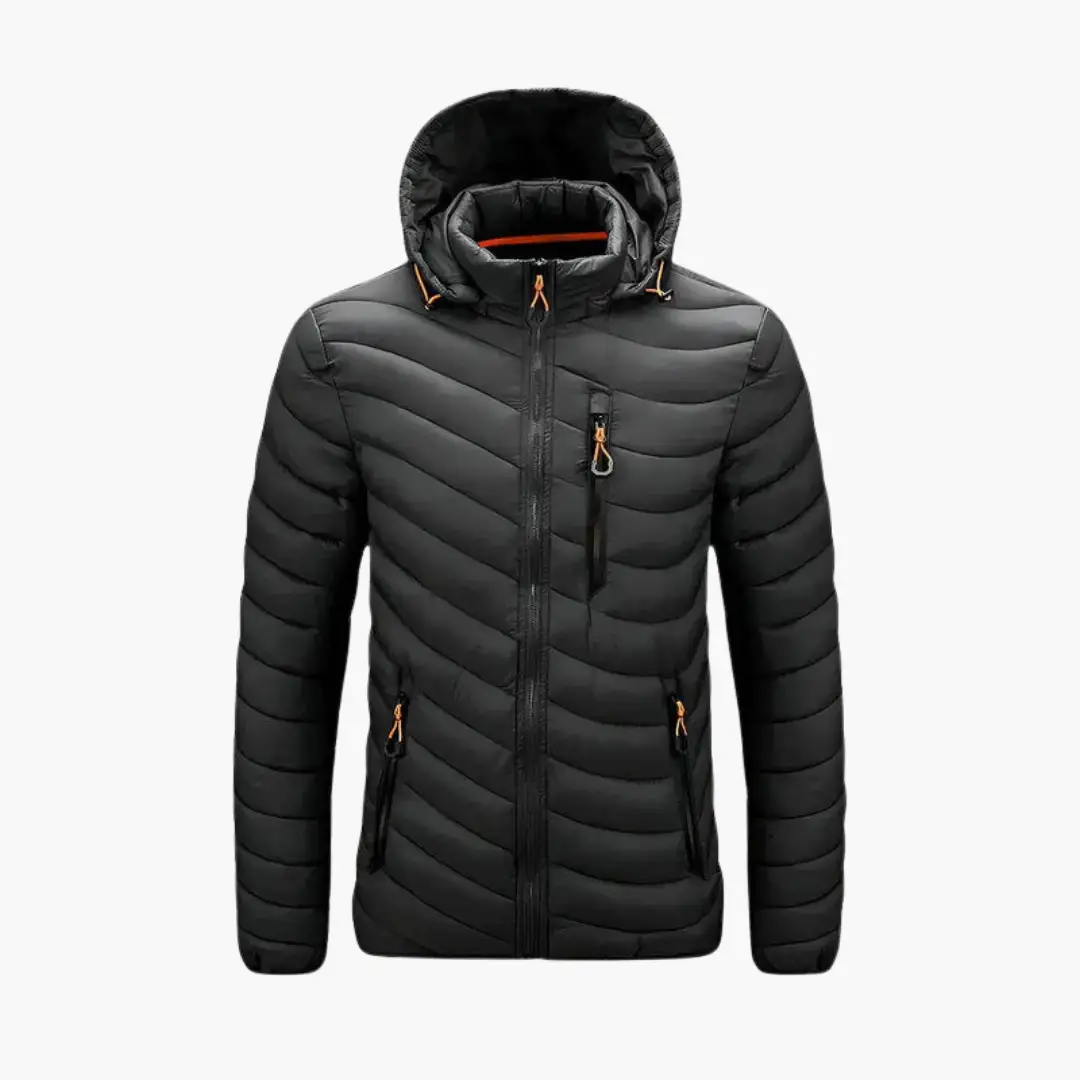 Men's hooded padded jacket with zip front and side pockets, black puffer with orange zippers by Wilfred Smith