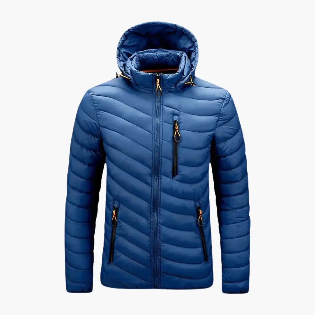 Men’s hooded padded jacket in blue with zip front, chest pocket and zippered side pockets.