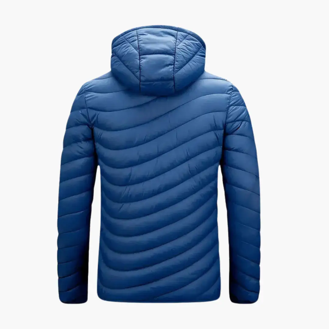 Men's hooded padded jacket by Wilfred Smith, blue puffer with zip front and side pockets